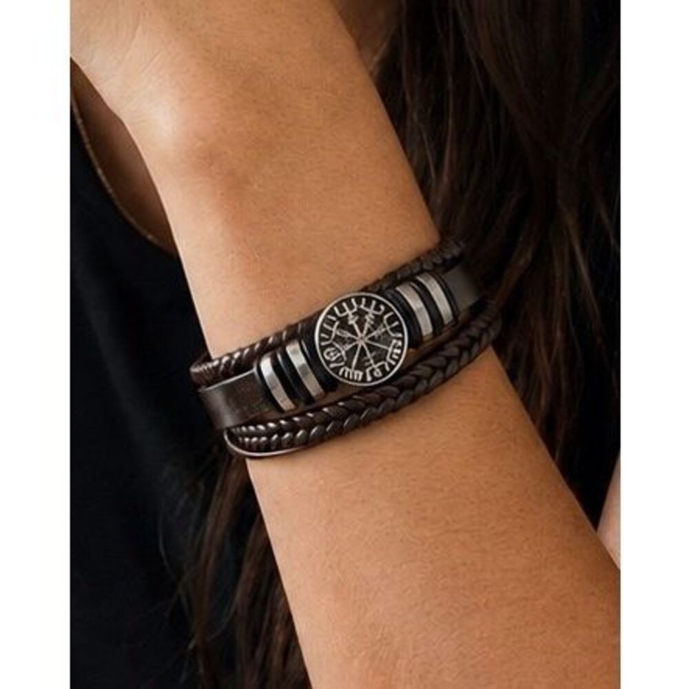 Brown Viking Compass Medallion Multi-Strand Vegan Leather Bracelet